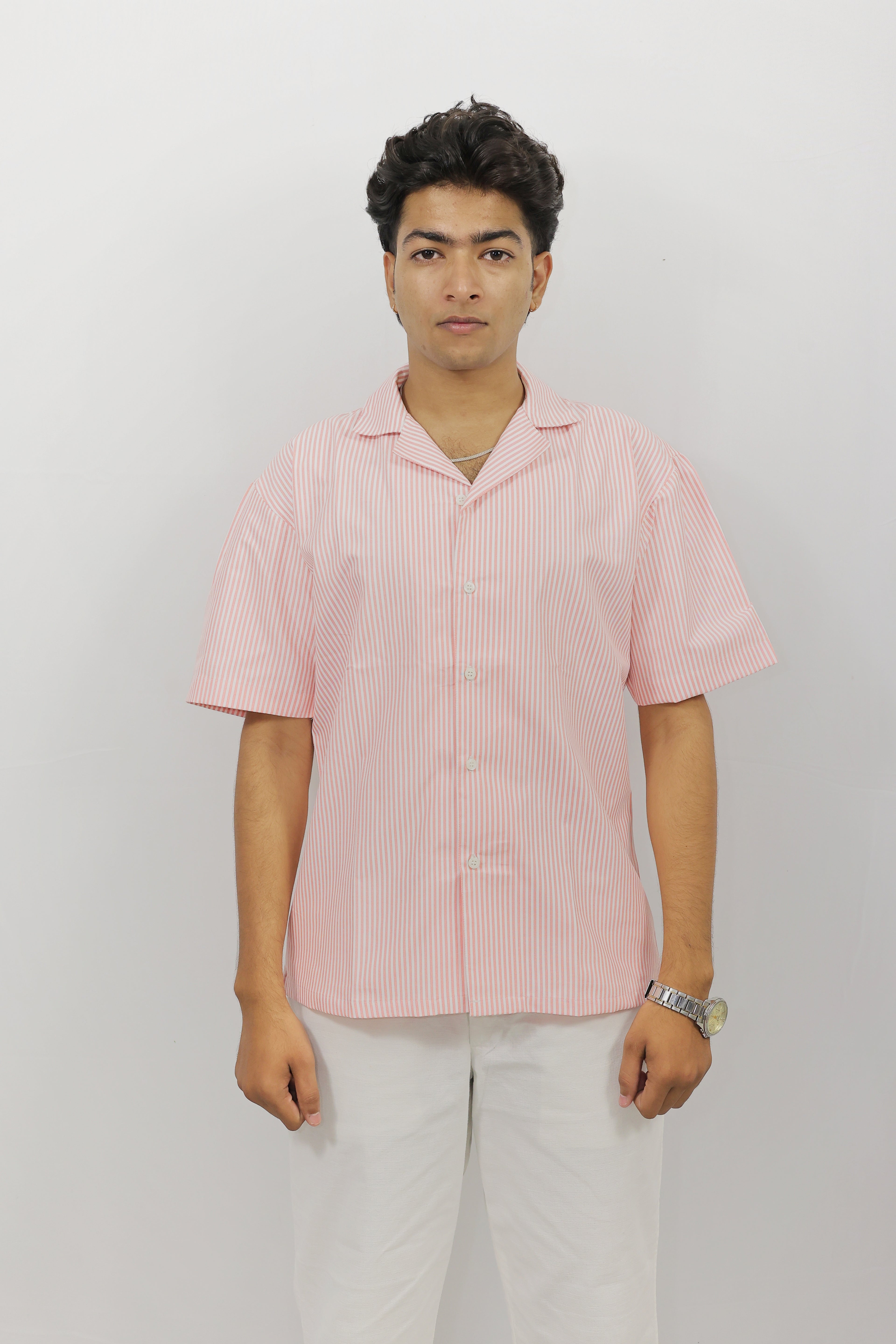 Pink Striped Oversized Half Shirt